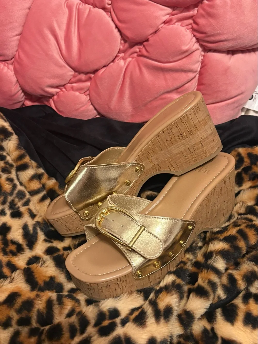 Gold Cork Wedge Slide Sandals - Women
